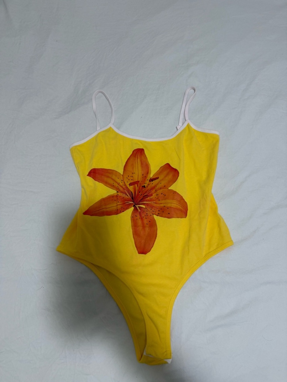 Fashion Nova Yellow Bodysuit with White Trim and Orange Floral Detail